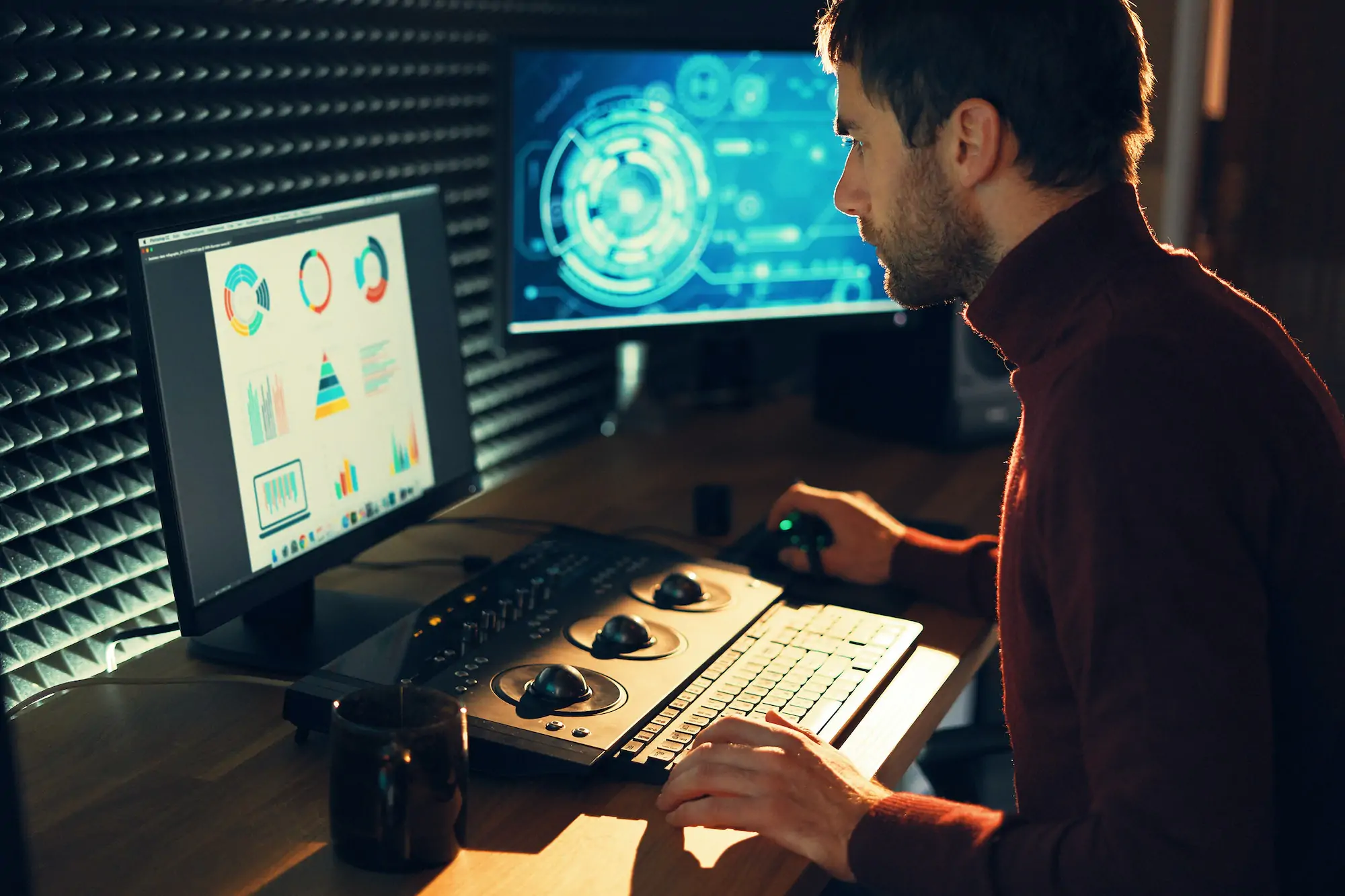 Male Videographer Edits and Cuts Footage and Sound on His Personal Computer